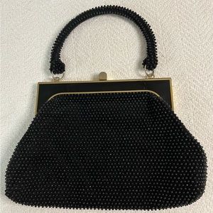 La Regale Ltd 1950's Art Deco Black Handbeaded Evening Bag Hinged Closure